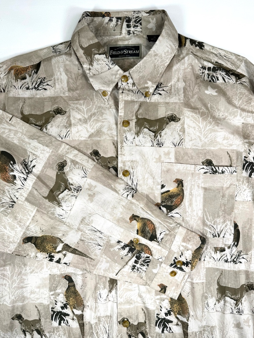 FIELD & STREAM Mens Hunting Button Front Shirt XL Pheasant Bird Dog Print Cotton